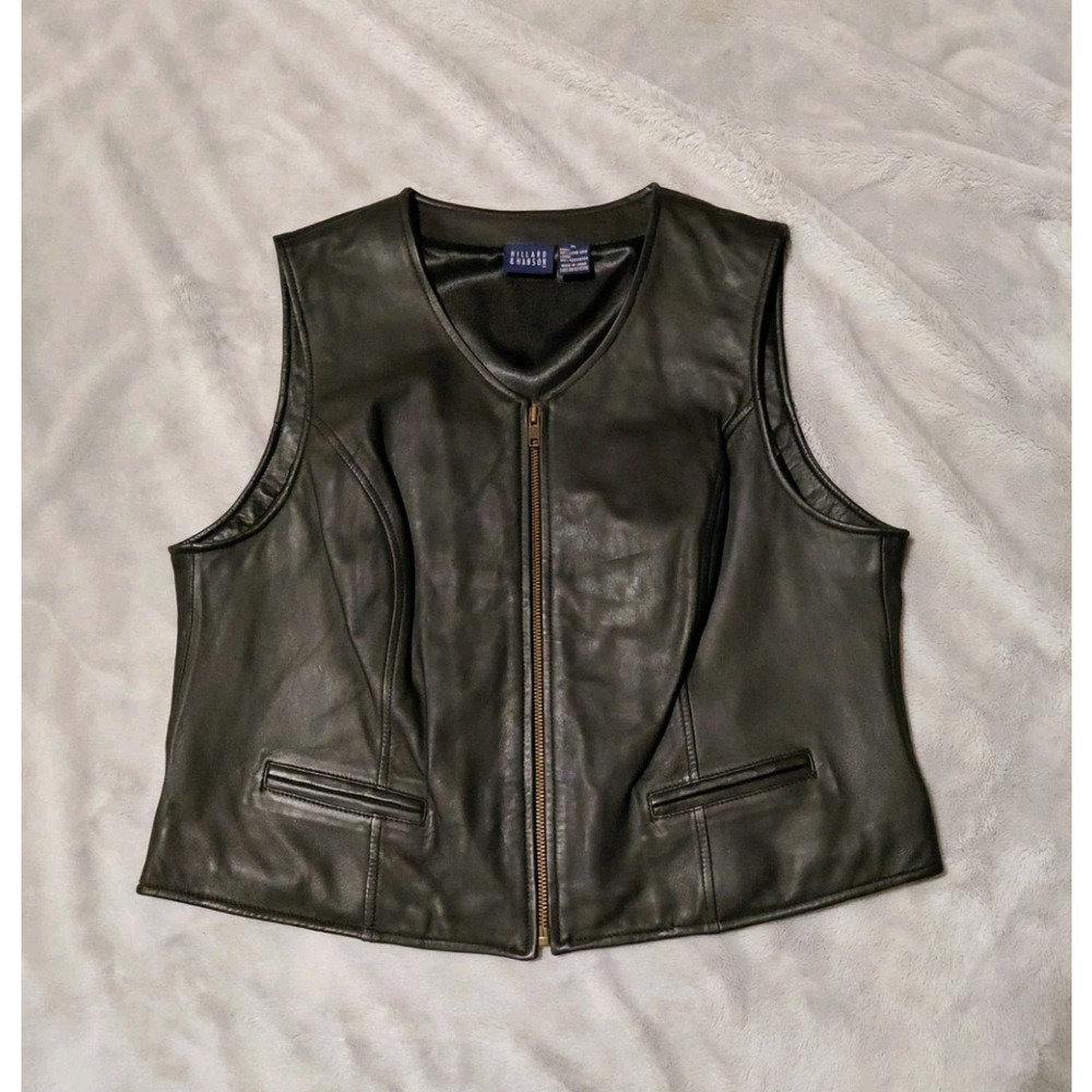 Hillard & Hanson Women's Soft Lambskin Black Leather Full Zip Motorcycle Vest XL